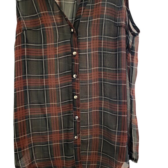 WET SEAL | Sheer Flannel Red & Green Sleeveless Blouse - Picture 3 of 9